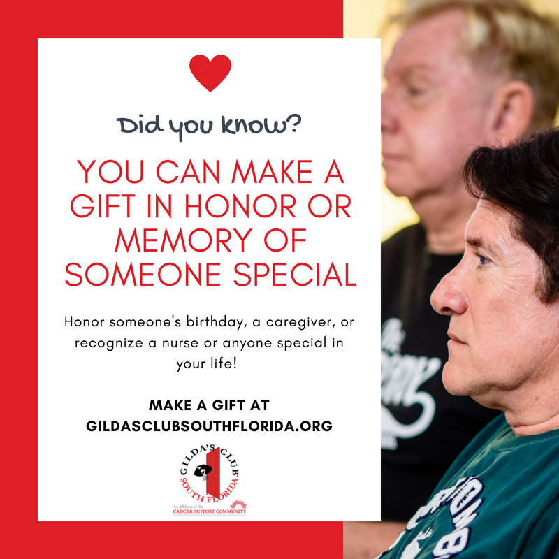 Are you looking for a special way to honor someone in your life? Consider making a tribute gift to @gildasClubSFL in honor or memory of one of your loved ones. To make a donation visit: bit.ly/GCSFDonate #makingadifference #cancersupport