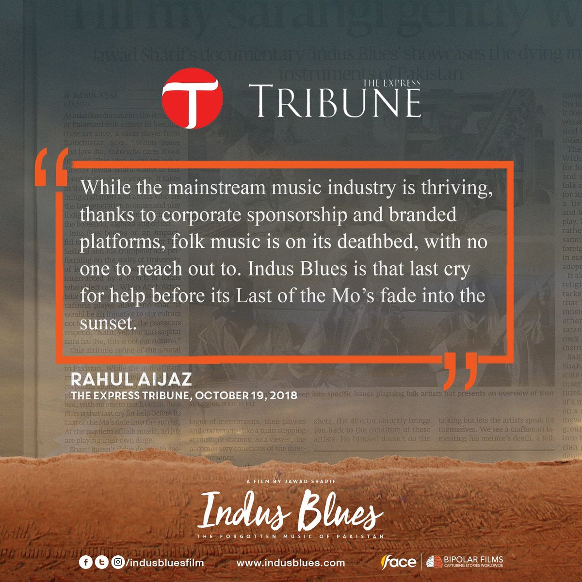 IndusBluesfilm's tweet photo. The Express Tribune has covered many topics ranging from politics to technology. Here is what they have to say about the importance of projects like #IndusBlues
Visit: https://t.co/NXXjAywMrR
#TheExpressTribune #FolkMusic #IndusBluesFilm #FACE #BipolarFilms #JawadSharif #Pakistan https://t.co/Jyri6qzhX9