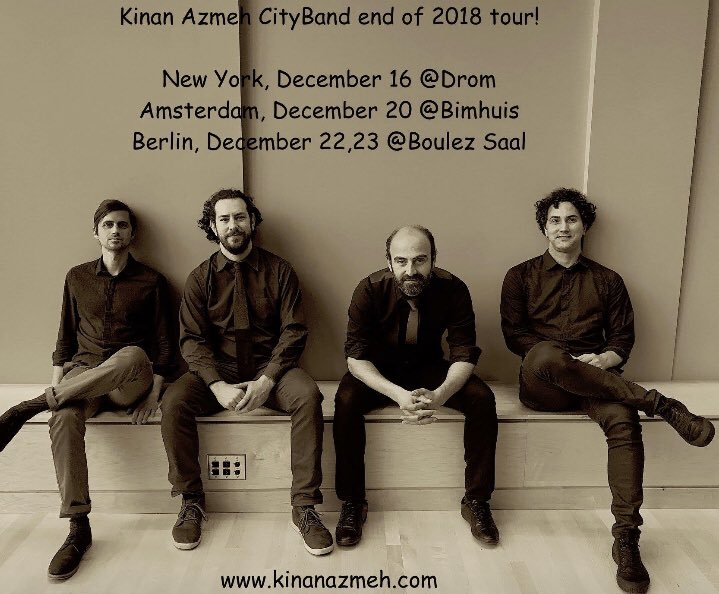 الاصدقاء في نيويورك، امستردام وبرلين
Friends in New York, Amsterdam and Berlin
New York , Dec 16 at dromnyc.com
Amsterdam , Dec  20 at bimhuis.nl
Berlin Dec 22,23 at Boulezsaal.de