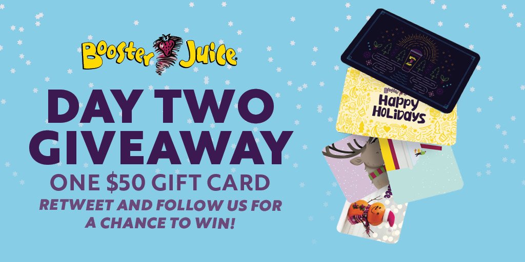 boosterjuice's tweet photo. On the second day of giveaways, Booster Juice gave to me…one $50 gift card! No partridge or pear tree included. Retweet and follow us to win! #BoosterJuice #Contest https://t.co/t6AgbYvsHr