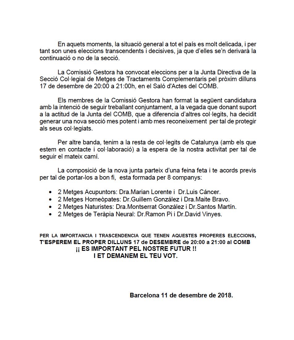 Presentació candidatura: “Junts per avançar més”. Secció col·legial de Metges de Tractaments Complementaris.