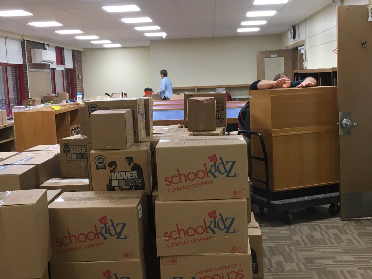 It’s the end of a chapter in our library. Thank you <a href="/patriciaeyer/">patriciaeyer</a> &amp; #mrsedlerWOS who worked tirelessly w/assistance from our students &amp; <a href="/southorangetown/">SOCSD</a> custodial staff to prep for the redesign project. Ms. Eyer is moving to Rm. 61 while construction is underway.