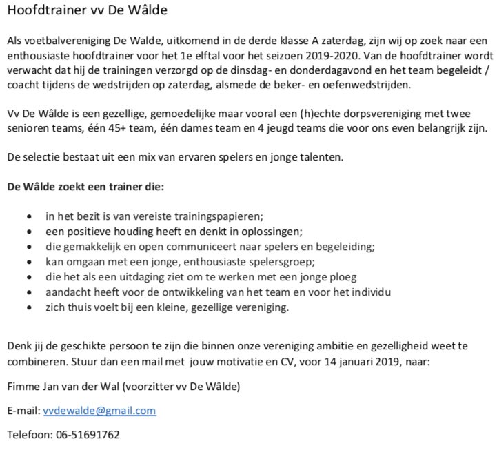#Vacature Hoofdtrainer de Wâlde seizoen 2019/2020.