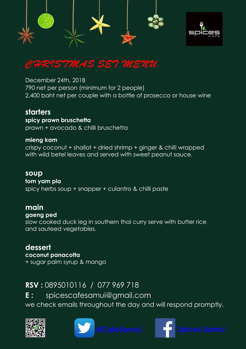 Christmas is just around the corner. If you’re thinking of having a Christmas party this year, why not spice things up by having it at Spices Cafe?

Feel free to contact us with any questions you may have regarding our service or menu selections!