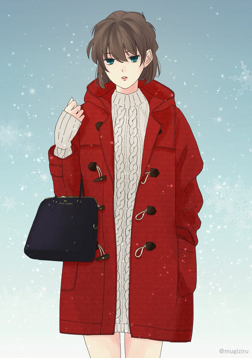 mugiziru's tweet photo. KISSコラボの赤いダッフルコートが可愛かったので志保.verを描いてみた☃️ https://t.co/sCTHJsCJso