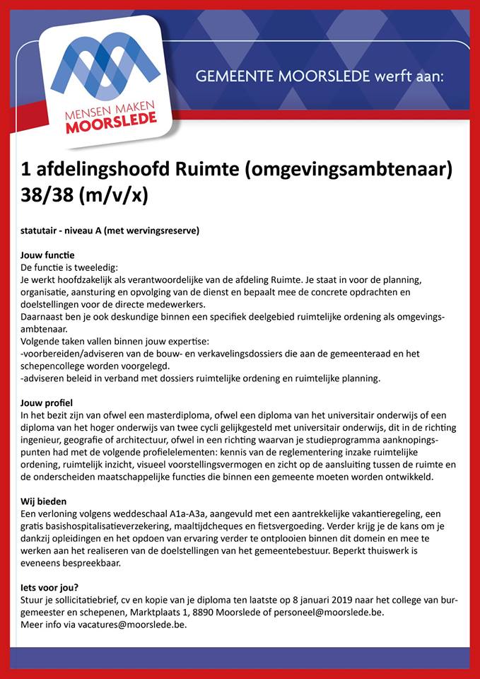 VisieMoorslede's tweet photo. Gemeentebestuur Moorslede is op zoek naar een fulltime Omgevingsambtenaar/diensthoofd  Ruimte. Maak deel uit van een dynamische ploeg medewerkers en stel je  kandidaat uiterlijk 8 januari 2019 via personeel@moorslede.be! Meer  info? vacatures@moorslede.be https://t.co/FwC2Y4KbNd