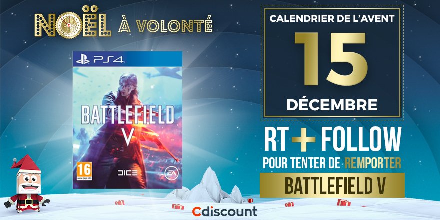 Cdiscount's tweet photo. 🎁 JOUR 15

👌 À gagner pour le #CalendrierDeLAventCdiscount : Battlefield V

👉 https://t.co/wVlfbMuSyN

🔸 Pour tenter votre chance : 
RT ce tweet + Follow @Cdiscount 

☑️ TAS 19/12 https://t.co/JTkl9sdD40