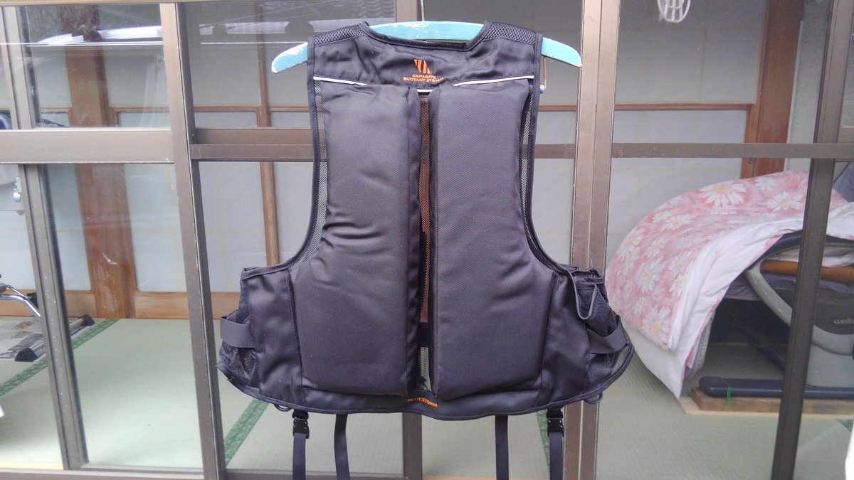 買っちゃた。ポケットの数に惹かれた。
ブルーストーム製 国土交通省認定、沿海以内航行可能TYPE-Dのライフジャケット。