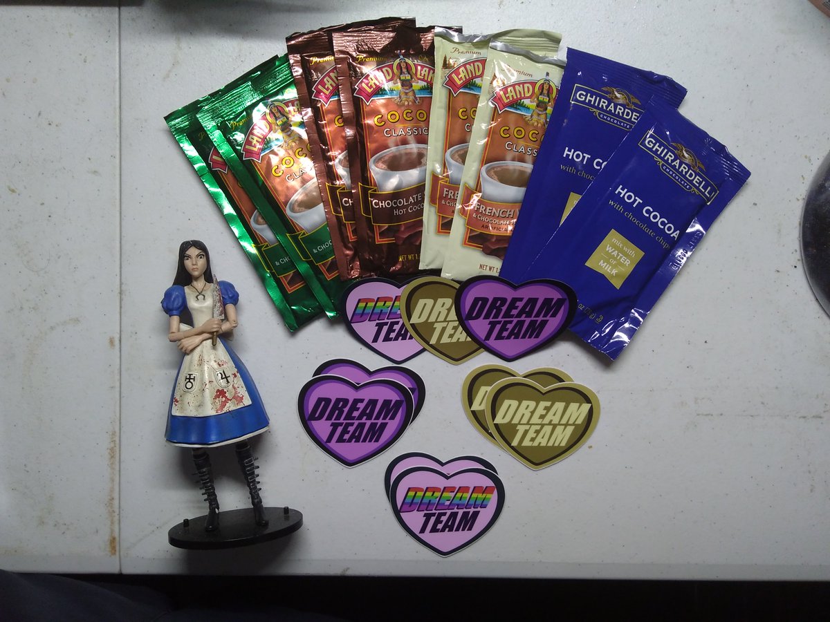 Dream Team represent! A care package from <a href="/LadyDreamTV/">Lady Dream</a> consisting of chocolate, stickers, magnets, and lots and lots of love. Thank you so much!! <3 <3 <3

I can neither confirm nor deny rumours that I have already made use of your return address.