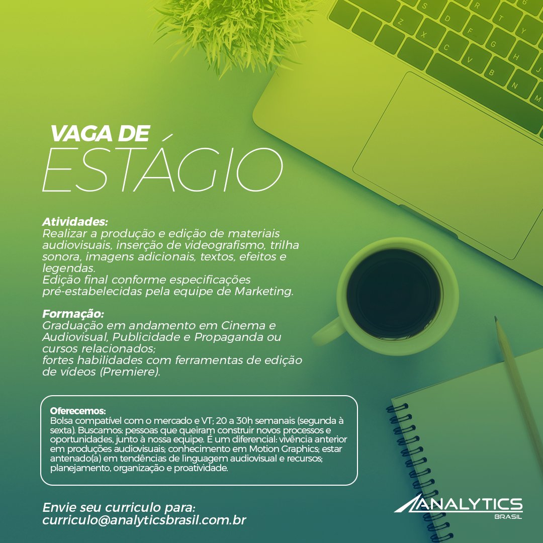 AnalyticsBR's tweet image. [BELO HORIZONTE]
Ei, você, estudante de Cinema e Audiovisual, Publicidade e Propaganda ou cursos afins! Quer entrar para a nossa equipe? Estamos à procura de um novo estagiário!