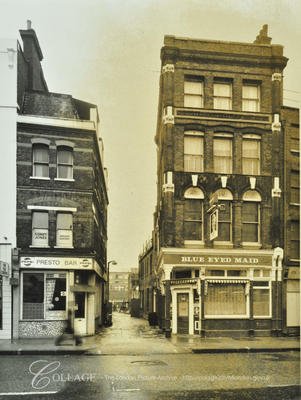 soxgnasher's tweet photo. Blue Eyed Maid pub, 171-173 Borough High Street Chapel Court from Borough High Street Southwark London 1974 There's a "Blue Maid Court" mentioned in Surrey Quarter Sessions archival records from 1738, and a "Blue-maid Alley" marked by the pub's site (the modern Chapel Court) on https://t.co/SBNWZQAH2h