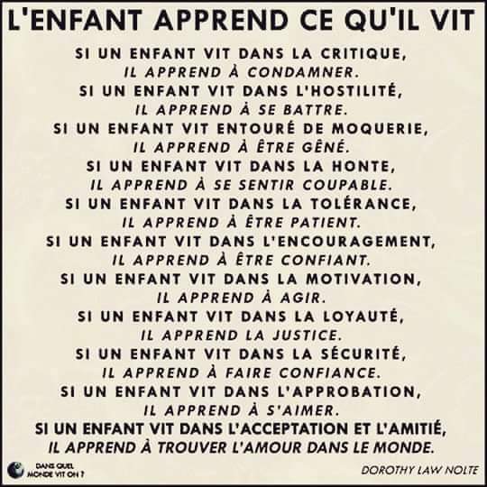 L'enfant apprend ce qu'il vit 😊
#empathie #amour #tolerance #patience #respect #combativité #ConscienceDeSoi #ConfianceEnSoi..Ces compétences font partie de l #IntelligenceEmotionnelle elles peuvent tjrs s'améliorer,autant commencer dès l'enfance avec la #famille et l #ecole 💕