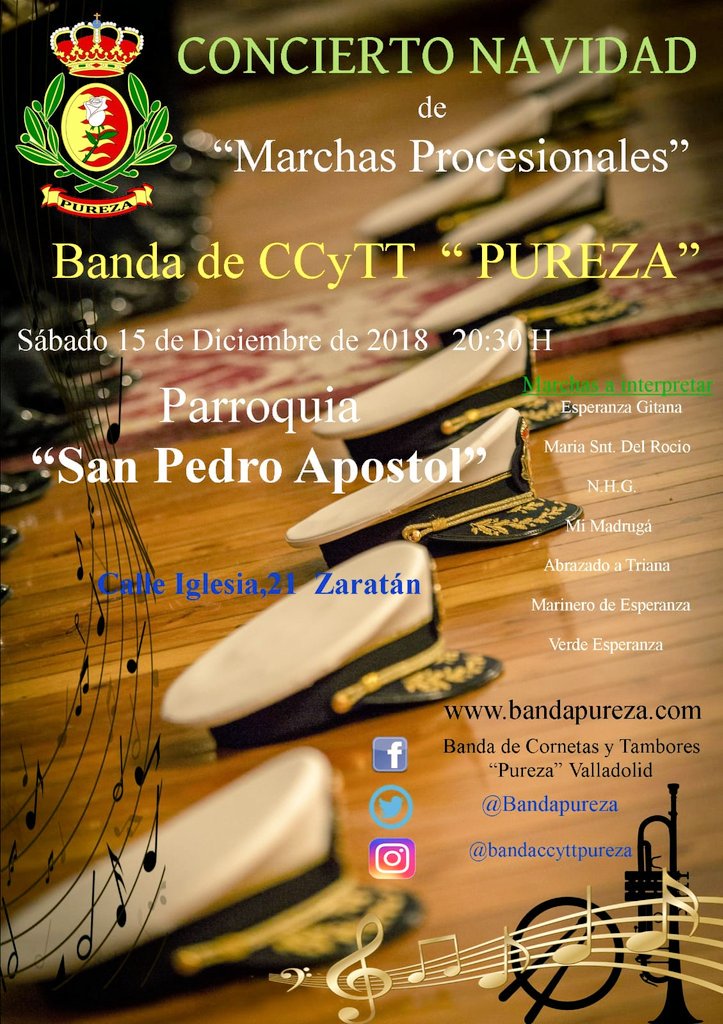 Bandapureza's tweet photo. Os recordamos que hoy cerraremos este año 2018 dando un concierto benéfico en la Parroquia de San Pedro Apóstol de Zaratán a las 20.30h
¡Se recogerán alimentos no perecederos!
¡Os esperamos!
#suenapureza18 🎺🎶🥁 https://t.co/wr3bPT37pt