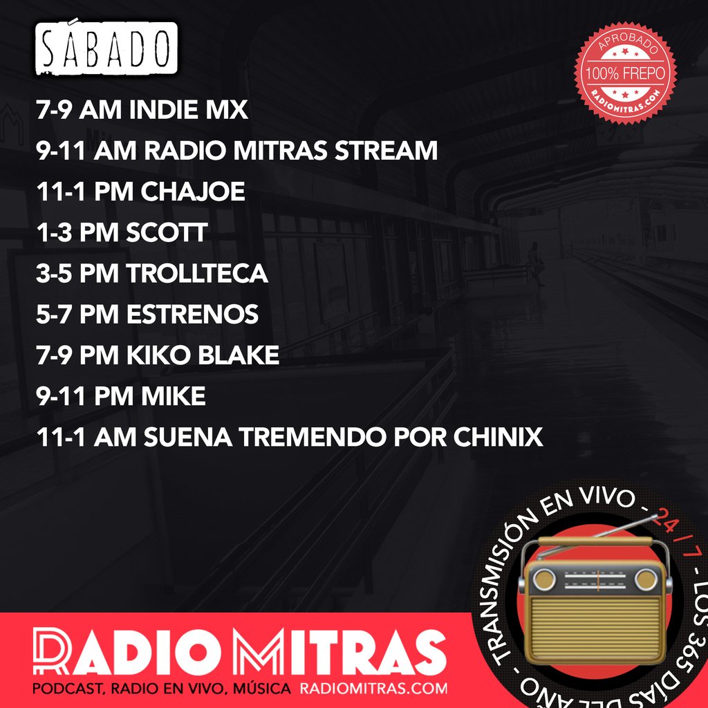 RadioMitras's tweet photo. ☀︎ HOY en #RadioMitras ☀︎ 7-9 AM #IndieMX 9-11 AM #RadioMitras #Stream 11-1 PM #Chajoe 1-3 PM #Scott 3-5 PM #Trollteca 5-7 PM ★ #Estrenos 7-9 PM #KikoBlake 9-11 PM #Mike 11-1 AM #SuenaTremendo #Chinix # 📻 https://t.co/K8Qwfa12Yp https://t.co/zK8S9AejDc