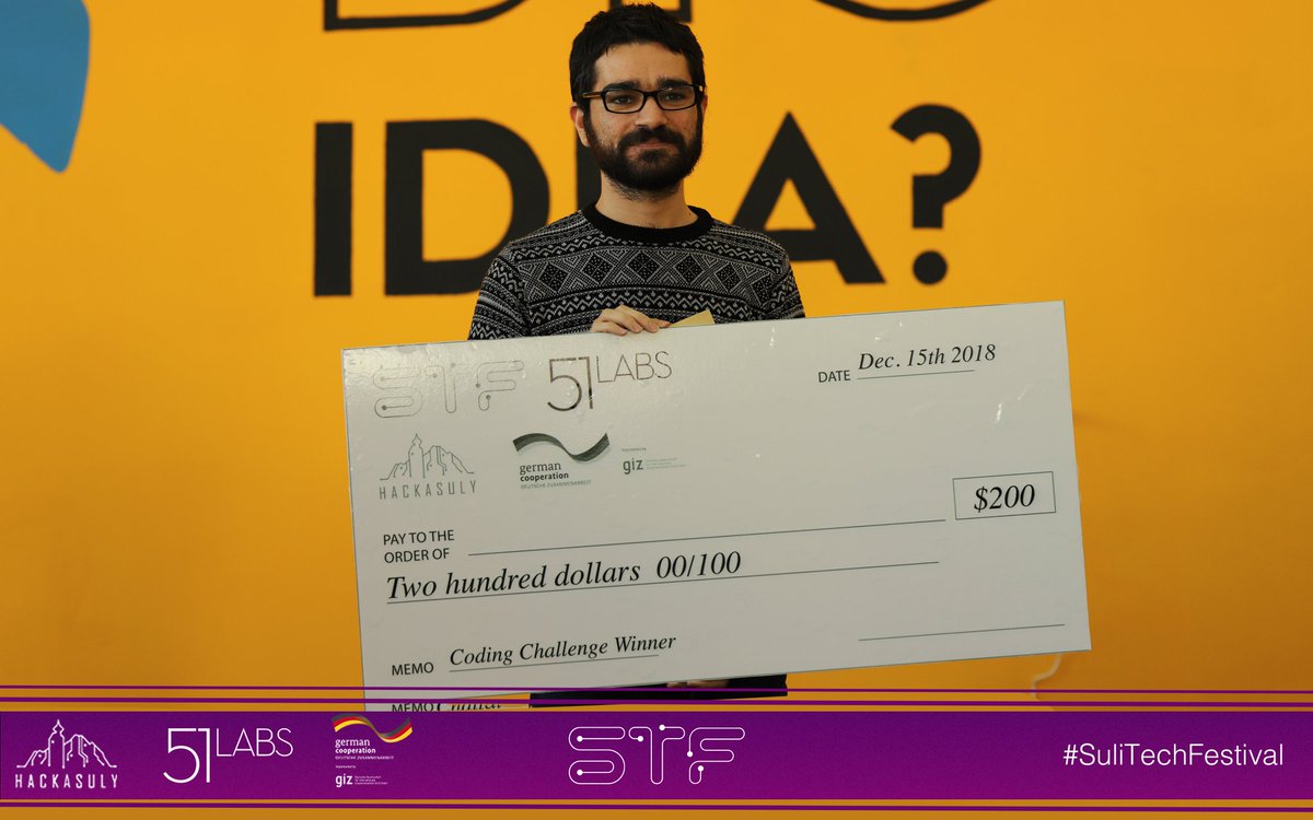 hackasuly's tweet photo. Congratulations to Hazhan Jalal, winner of the coding challenge! 

#HackaSuly #SuliTechFest https://t.co/1X7C3mwWbx