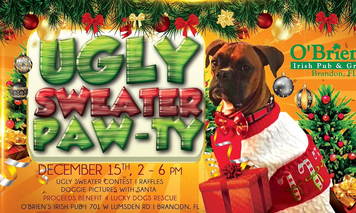 What's better than a party of puppies?🐶🐶
A party of puppies wearing ugly Christmas Sweaters! 🎄🐶
Come up today from 2 -6 p.m. for this dog &amp; family friendly event benefiting <a href="/4luckydogs/">4LuckyDogsPetRescue</a>
🎅Photos with Santa for your pup
🏆 Ugly Sweater Contest
🎟 Raffles
#TampaBay #rescue