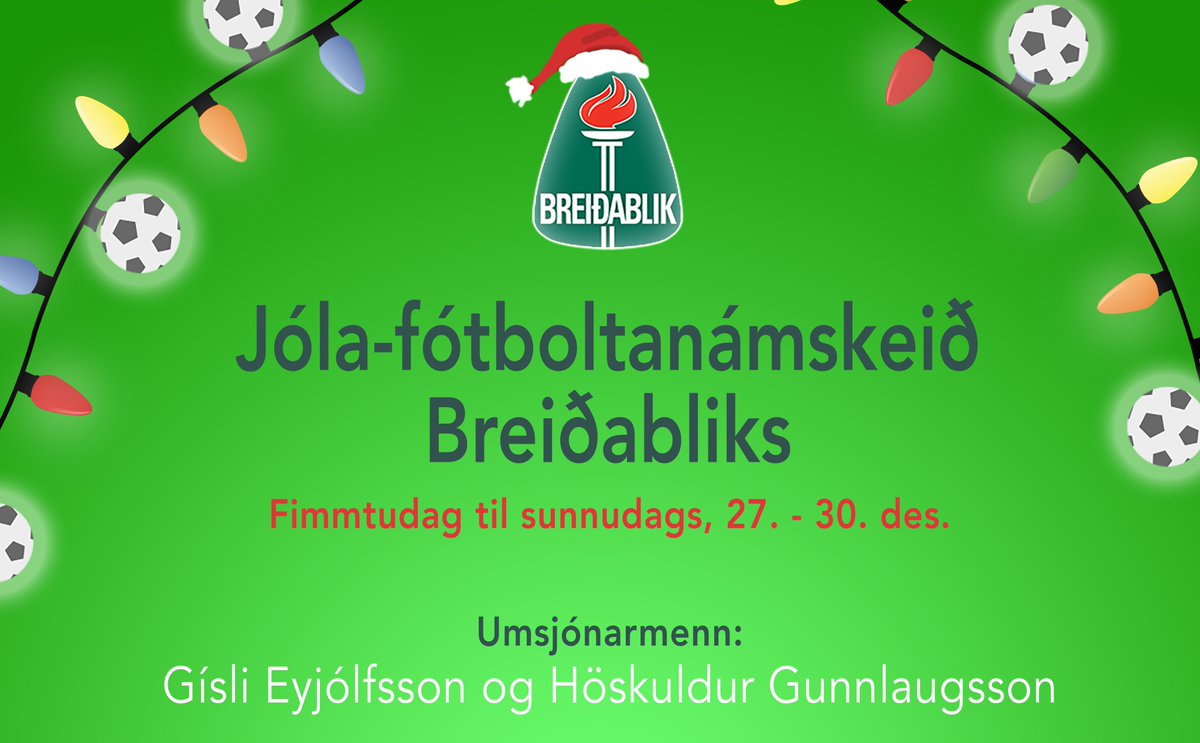 Jóla-fótboltanámskeið Breiðabliks 2018
Námskeiðið er í boði fyrir iðkendur í 3.flokki kvenna og karla og stendur yfir frá  fimmtudegi til sunnudags milli jóla og nýárs.
Umsjónarmenn námskeiðsins eru þeir Gísli Eyjólfsson og Höskuldur Gunnlaugsson.

Meira> blikar.is/frettir/jola_f…