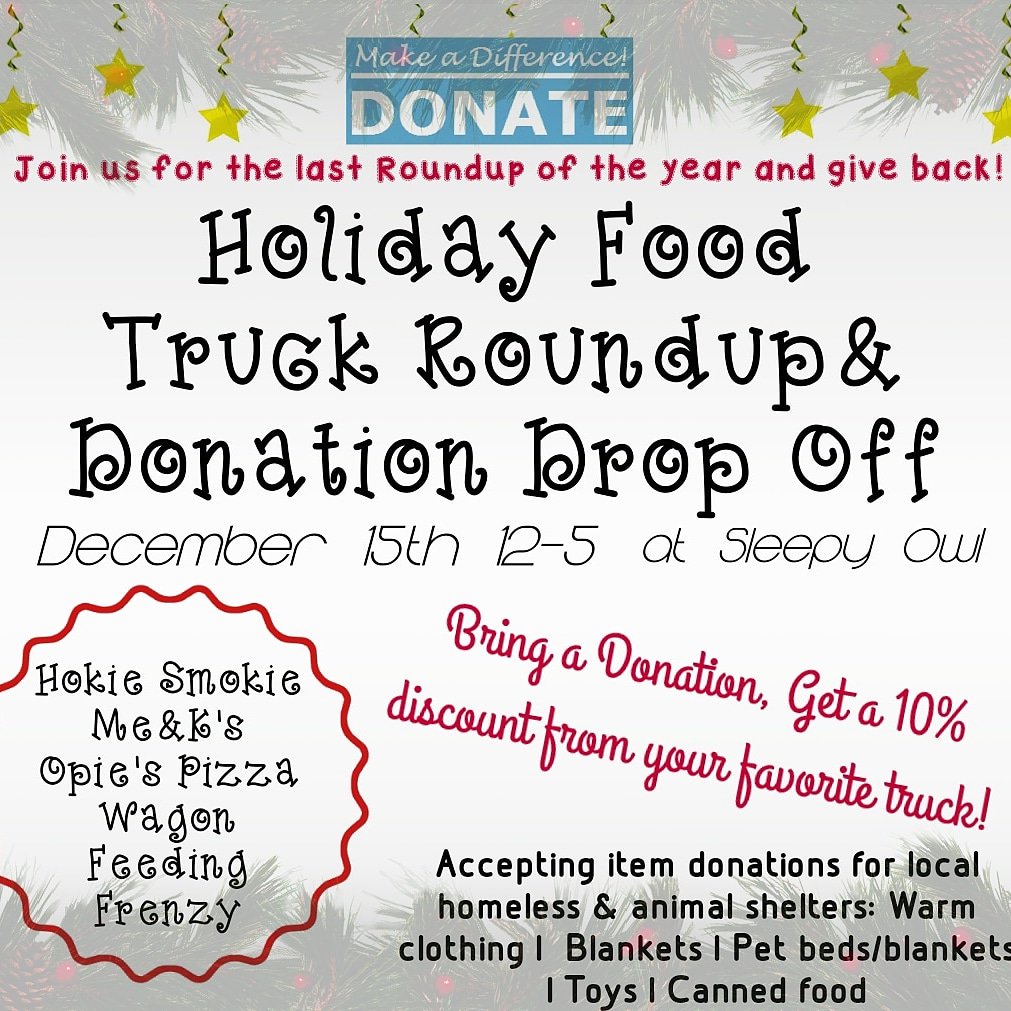 Don't miss the last Roundup of the year! All your favorite trucks will be here❤🚐.  Bring a donation and get a discount. #followthefin #eatlocaltri #trifoodtrucks #foodtruckroundup #giveback