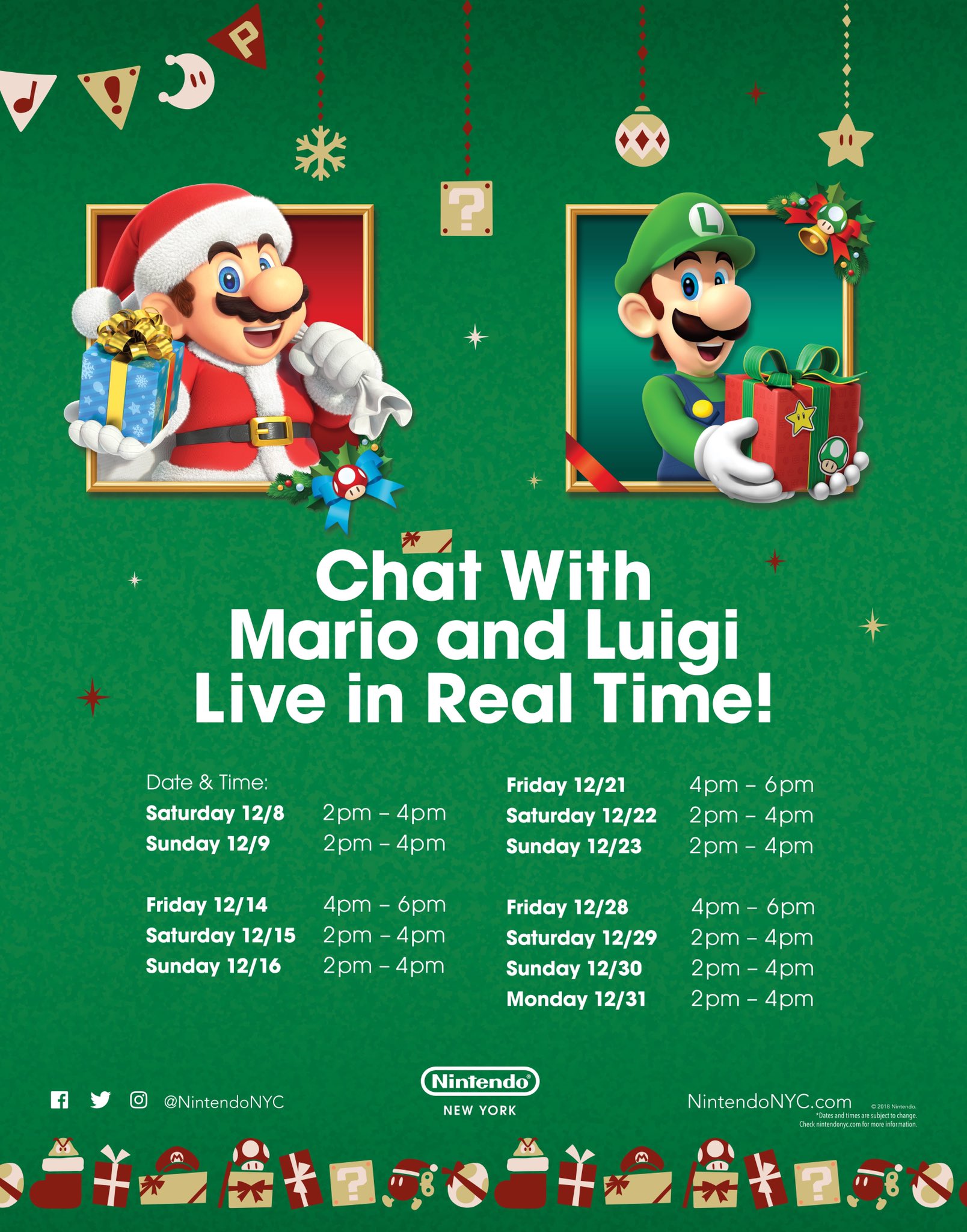 Nintendo Ny Chat With Mario And Luigi Live In Real Time At Nintendonyc Today 12 15 And Tomorrow 12 16 From 2pm 4pm Nintendo Ny Chat With Mario And Luigi Live In Real Time At Nintendonyc Today 12 15 And Tomorrow 12 16 From 2pm 4pm