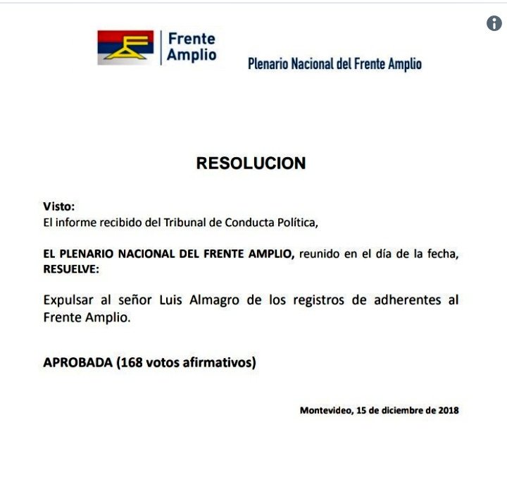 MaestraTuItera's tweet photo. ÚLTIMA HORA 🚨🚨🚨🚨
 
El esbirro Pro Imperialista y Secretario de la @OEA_oficial, @Almagro_OEA2015 fue expulsado del partido histórico Frente Amplio de Uruguay por unanimidad. 
Por su conducta frente al organismo.
EL QUE SE METE CON VENEZUELA SE SECA.  
#600RepatriadosEnUnDía https://t.co/1KHrT7PKuZ