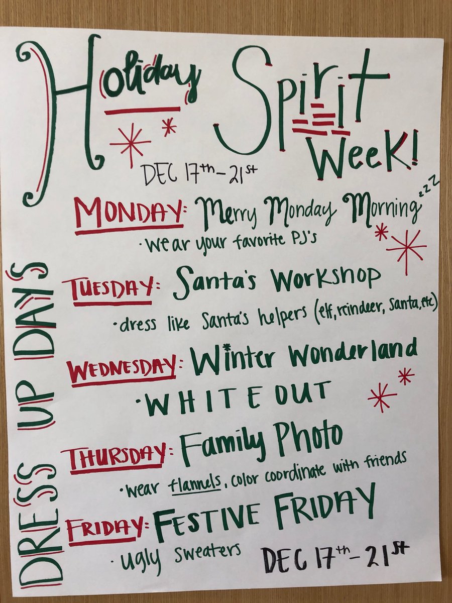 AlexStudentCo's tweet image. Time to spread that Hoilday Cheer!!! Here are the dress up days for next week!!!!