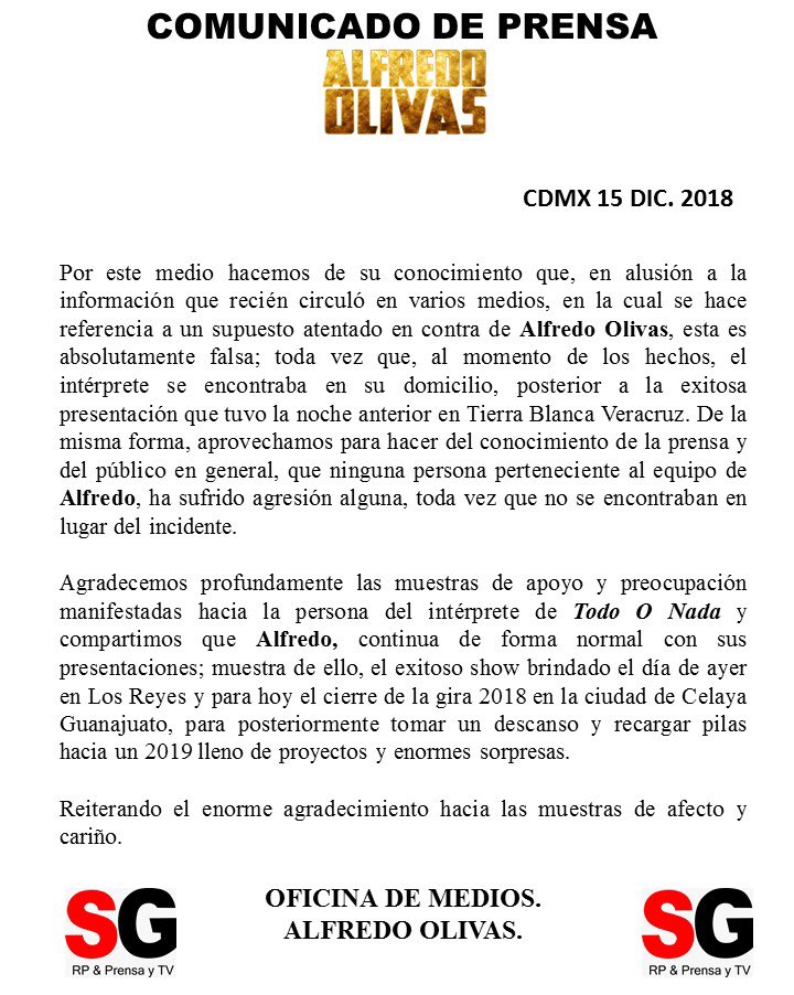 idgruperaofi's tweet photo. #IDGInforma En comunicado de prensa @AlfredoOlivas_ asegura no haber sido víctima de ningún atentado, el intérprete de #ElDiaDeLosMuertos se encuentra bien tras presentación exitosa el día de ayer! @Sergitogomez13 https://t.co/7lBwyds1ys