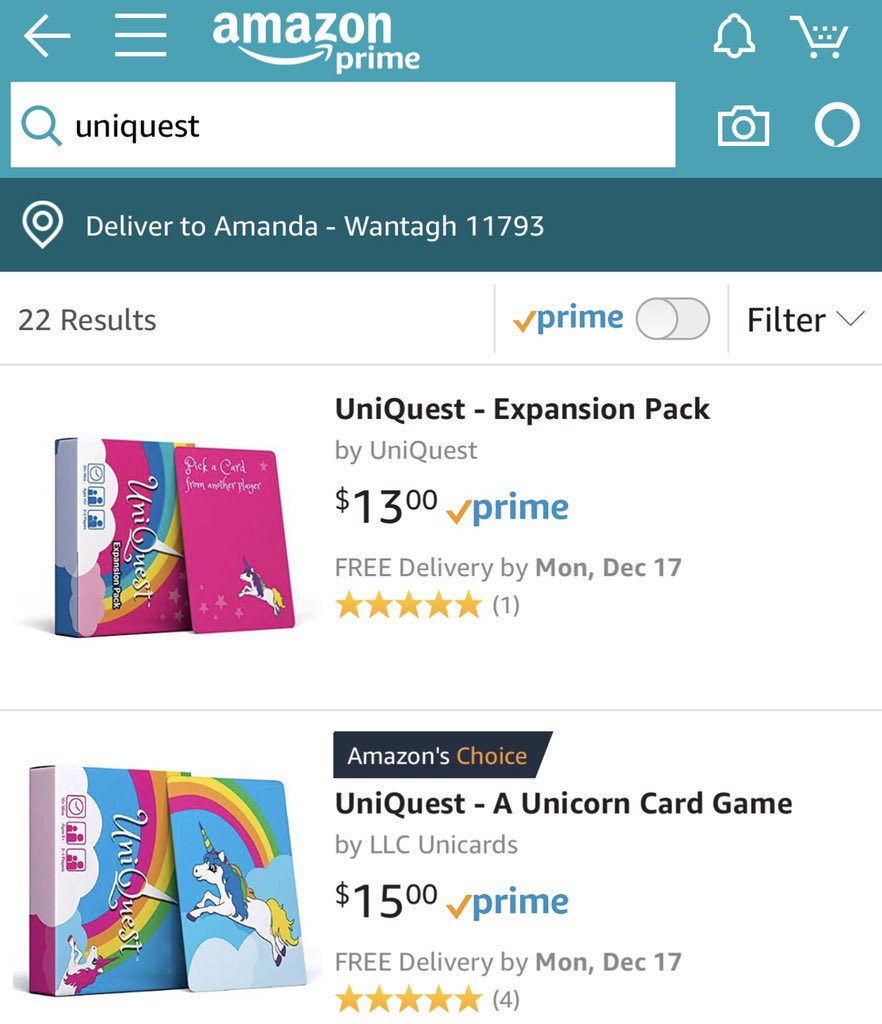unicardsgame's tweet photo. This just in — UniQuest is now Amazon’s Choice! Still need to do some holiday shopping? Get your UniQuest fast with Amazon Prime!

UniQuest - A Unicorn Card Game: 
https://t.co/4HA8gLzL5X

#unicorn #kidstoys #rainbows #magical #AmazonPrime #Amazon #cardgame #Kickstarter https://t.co/NgGgshx2I5