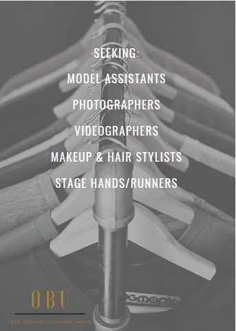 OBUFashionShow's tweet image. Need volunteer hours? Want to be a part of a production? Join our team! We are looking for volunteers to help bring this year’s show to life! DM for more info