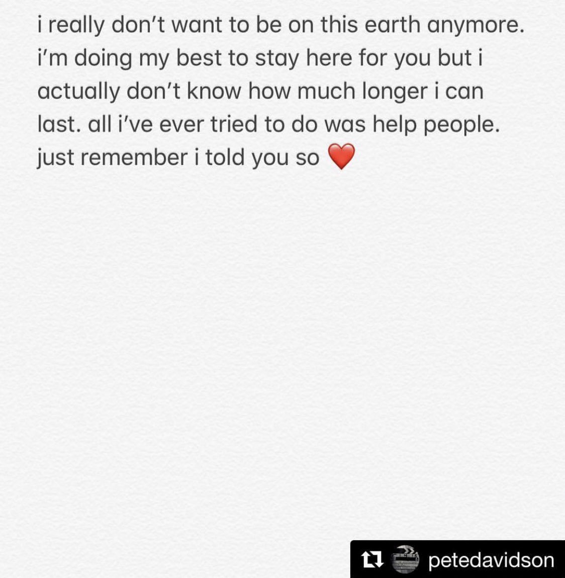 SophiaBush's tweet photo. Point being. Pete Davidson has been very open about his mental health. And b/c a relationship didn’t work out, tens of thousands of people he doesn’t know are telling him to kill himself.

Words have real consequences. And the people who bullied him into posting this? Shame. https://t.co/lUCpahlG5u
