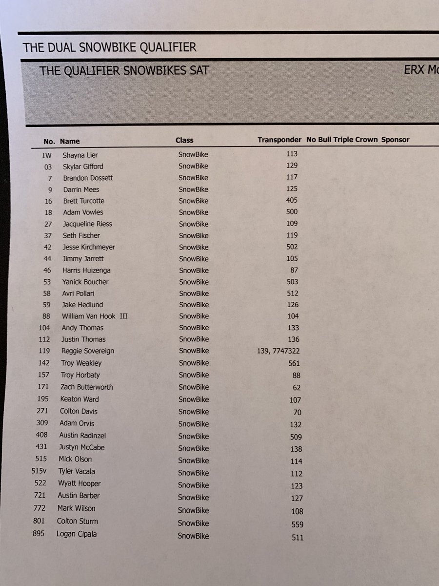 ERXmotorpark's tweet photo. Entry list for today’s SnowBikeCross Dual Qualifier! #snowbikes #thequalifier 

Follow along on @RaceMonitor or MyLaps Speedhive ⏱❄️🏁 https://t.co/xIDmwkIvDb