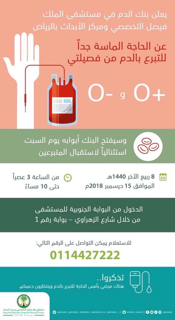 mohenews's tweet photo. عاجل🔴

بنك الدم بمستشفى الملك فيصل التخصصي بالرياض يعلن عن حاجته الماسة جداً لفصيلتي الدم (-O .  O+ ) وفتح ابوابه اليوم استثنائياً حتى الـ 10 مساءاً 
(انشر الرسالة لتصل للجميع ومن لم يستطيع الذهاب اليوم بامكانه التبرع خلال بقية ايام الاسبوع من الاحد لـ الخميس من 7:30 ص حتى 11 م) https://t.co/9Icgpbyp5h