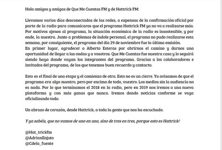 Cdela_fuente's tweet photo. Se acaba una etapa en @QuemecuentasFM donde hemos aprendido mucho en las dos temporadas en las que nació y se consolidó el proyecto de @Hat_Trickfm. Tanto @AdrianEnjuto como yo estamos muy orgullosos de lo que hemos empezado a crear, y esto no ha hecho más que empezar. https://t.co/RBrJcRn2v8