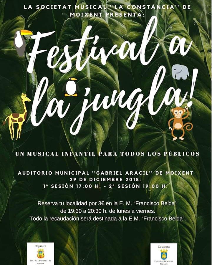 El próximo 29 diciembre FESTIVAL A LA JUNGLA!  Tendremos cantantes, bailarines, actores, disfraces, música... El mejor plan para estas Navidades! 1ªsesión 17:00h. 2ªsesión 19:00h. Reserva ya tu localidad por  3 euros en la Escuela de Música de 19:30 a 20:30 h. de lunes a viernes