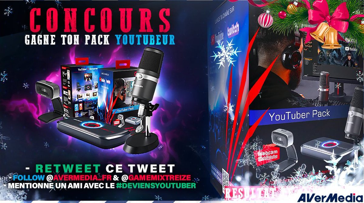 GameMixTreize's tweet image. #CONCOURS UN PACK YOUTUBER A GAGNER !

Pour cela, il faut :  
✅ #RT ce tweet
✅ Suivre @GameMixTreize &amp;amp; @AVerMedia_FR 
✅ Mentionner un ami avec le #DeviensYoutuber ! 

🍀Tirage : 25/12