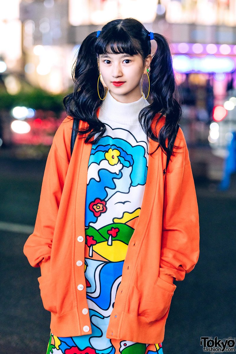 Tokyo Fashion on X: 14-year-old Japanese aspiring actress A-Pon  (@a_ponnnnnn) on the street in Harajuku wearing an oversized Ralph Lauren  cardigan over a vintage print dress, a quilted backpack, hoop earrings, and