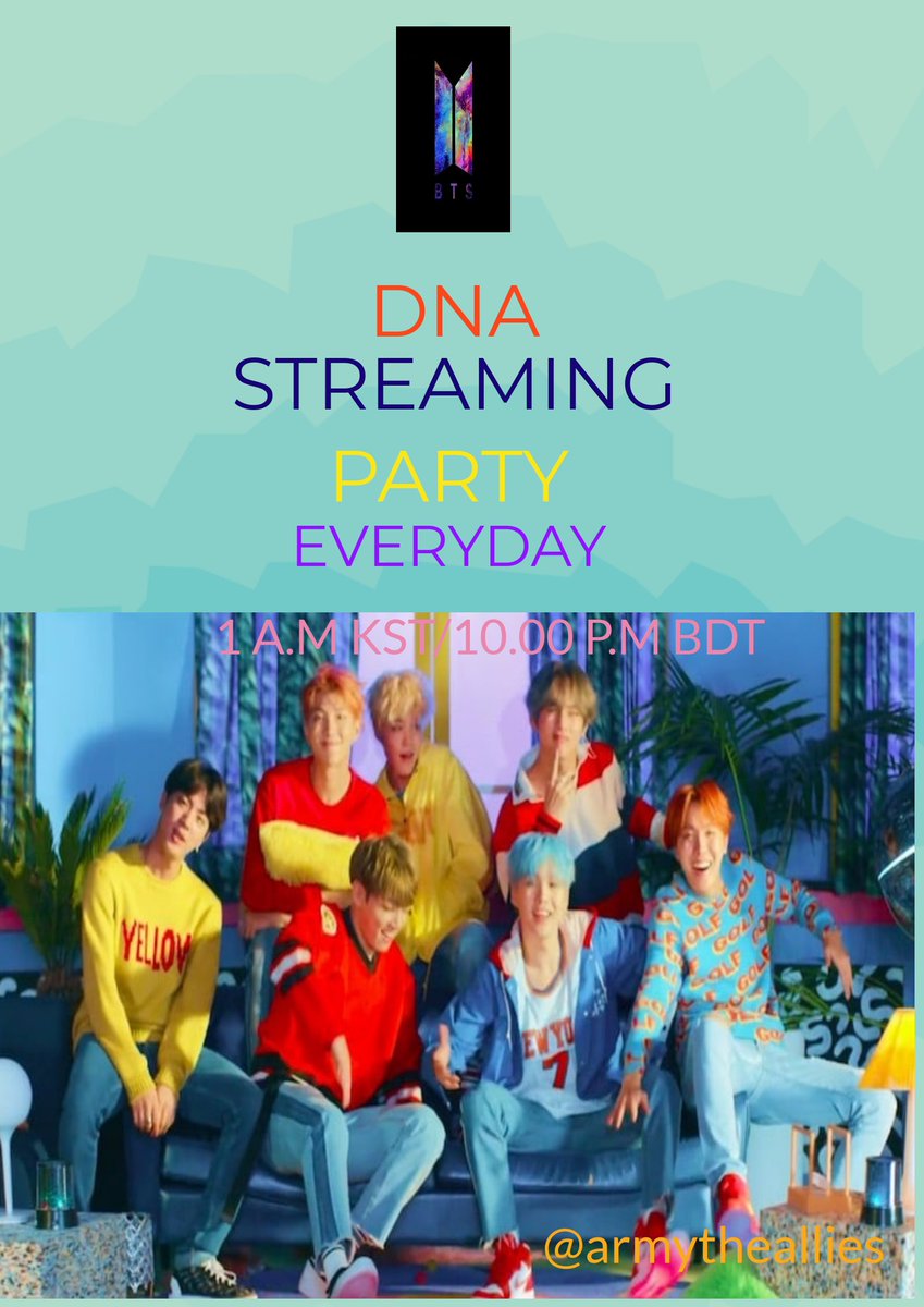 Armytheallies's tweet photo. Armys Its #DNAStreamingParty time. Lets stream DNA so that it can break every record🔥🔥
Lets get it Armys💃💃
#VideoMTV18del18 
@viewsemDNA 
@ArmyBrigade13 
@BTS_twt https://t.co/XWrSIbACMJ