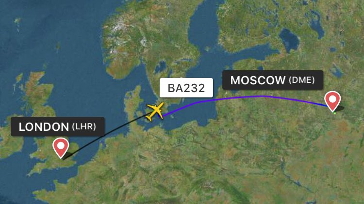 aviationdk's tweet photo. ALERT: British Airways flight #BA232 from Moscow(DME) to London(LHR) just diverted to Copenhagen, reason unknown. https://t.co/XvW23new1H