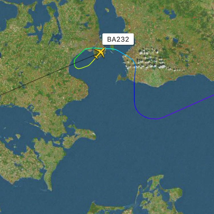 aviationdk's tweet photo. ALERT: British Airways flight #BA232 from Moscow(DME) to London(LHR) just diverted to Copenhagen, reason unknown. https://t.co/XvW23new1H