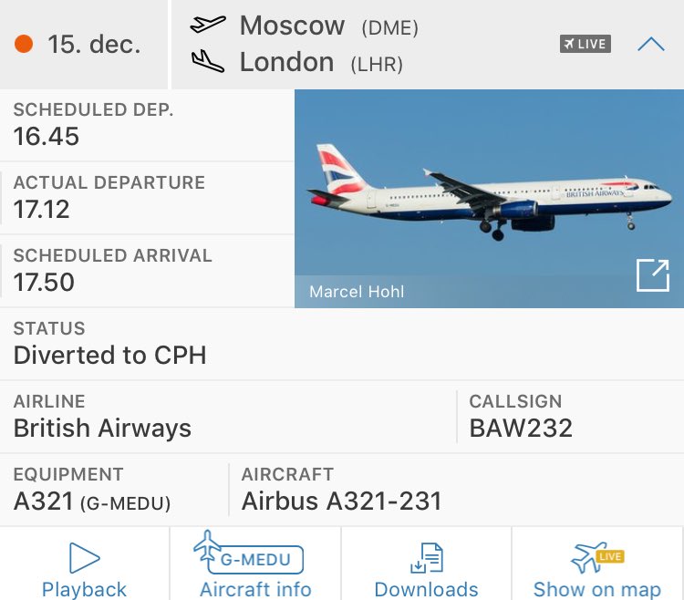 aviationdk's tweet photo. ALERT: British Airways flight #BA232 from Moscow(DME) to London(LHR) just diverted to Copenhagen, reason unknown. https://t.co/XvW23new1H