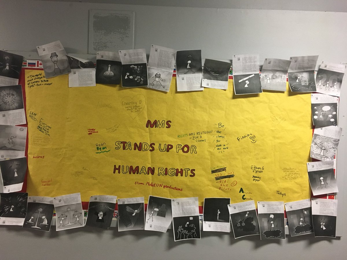 Students from MMS created a bulletin board to promote human rights. Kids engaged in silent protest earlier in the week by standing up for most of the day. So proud of them. #studentactivists