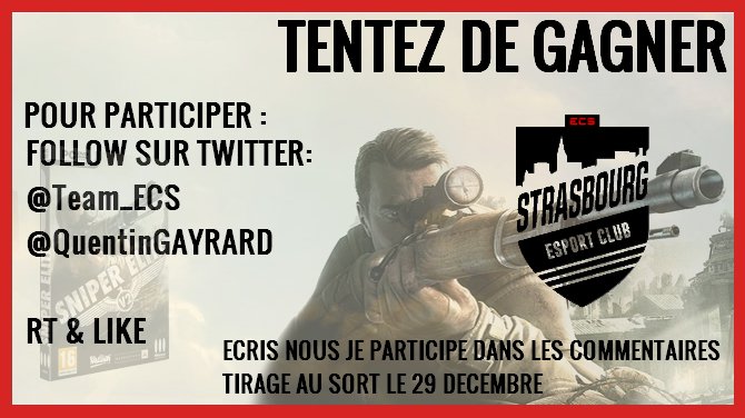 ECStrasbourg's tweet photo. [CONCOURS]

TENTEZ DE GAGNER - Le Jeu Sniper Elite sur #PC

Pour participer

RT &amp; FAV 👍💖
Follow sur twitter: @Team_ECS &amp; @QuentinGAYRARD 

Écris nous: je participe dans les commentaires 😁

#SniperElite #FPS #CONCOURS @Rebellion @SniperElite https://t.co/xZnl6XDoG1