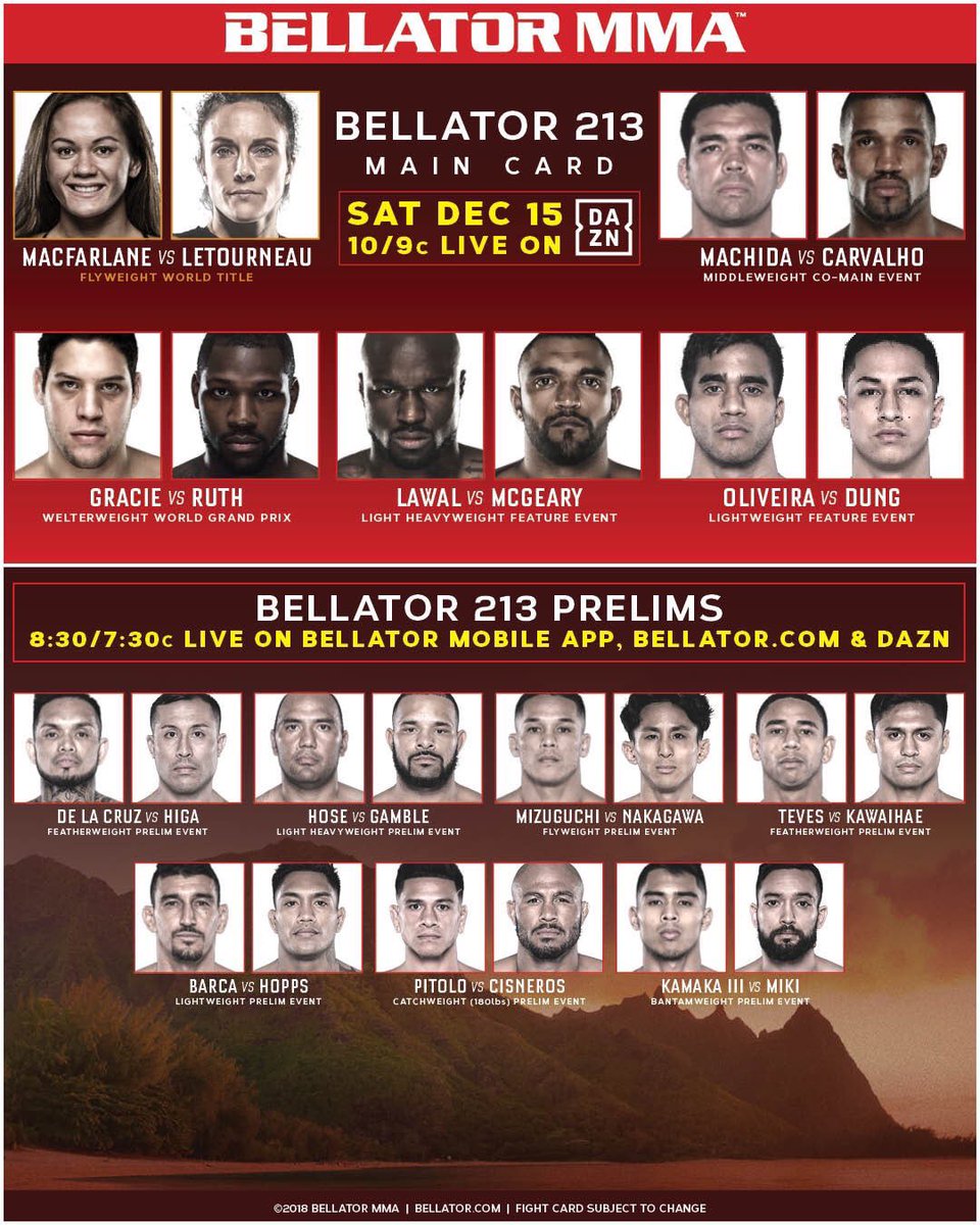 FqMMA's tweet photo. 🚨#Bellator213 :
Belle soirée à #Hawaii ‼️
- #IlimaLeiMacFarlane 🏆 Mouches 🆚 #ValerieLetourneau
- Les débuts @BellatorMMA de #LyotoMachida 🆚 #RafaelCarvalho
- Suite du tournoi Welters:
#NeimanGracie 🆚 #EdRuth
⏰ Main Card dès 4h 🇫🇷 https://t.co/KnFPB9MZRy