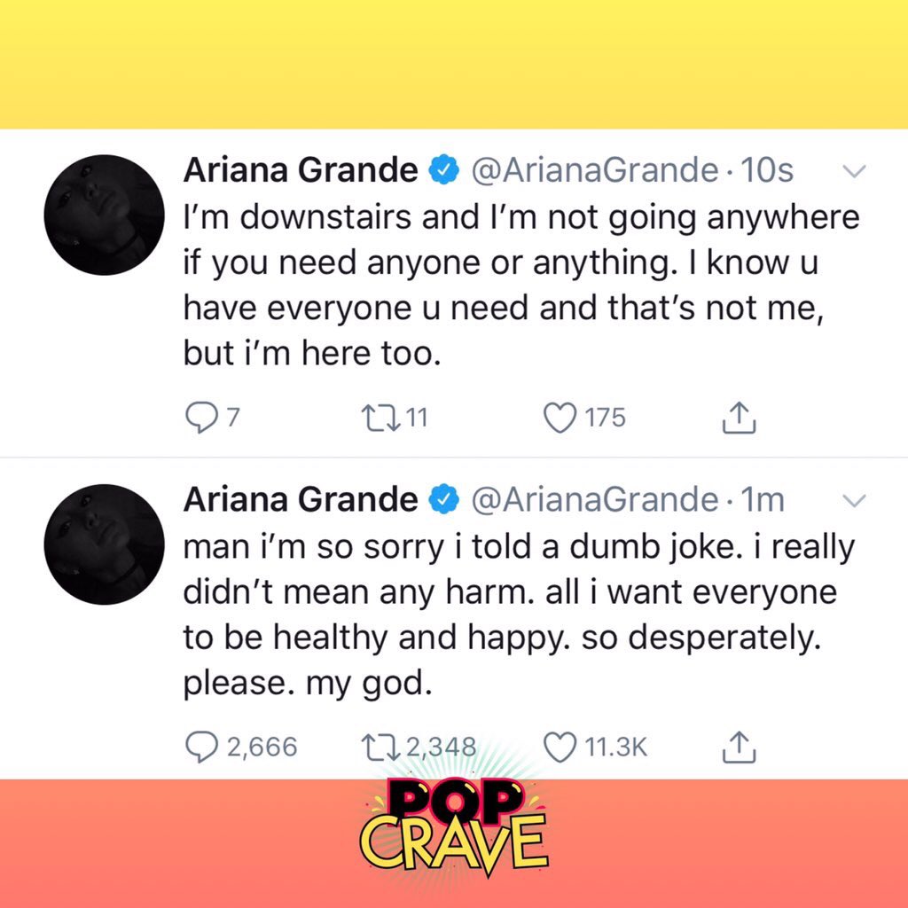 Ariana Grande appears to have gone to try and visit Pete Davidson after he shared that he didn’t know how much longer he could last on Earth: 

“I’m downstairs and I’m not going anywhere.”