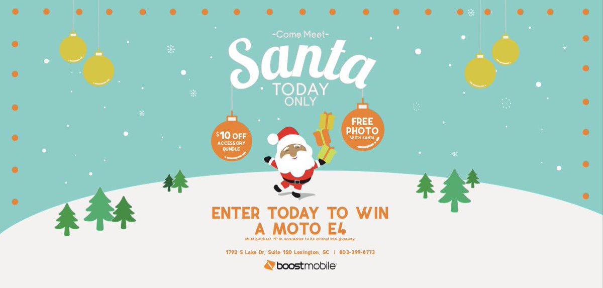 BoostPSG's tweet photo. 5 minutes until Santa lands his sleigh in Lexington. 

Stop by to meet Santa, play some fun games, and enter to win a free Moto E4! 🎅🏽🎄⛄️

@ThomasSPG @bascar16 @SPG_AJ @brianvipwireles @LeAnn_PPSG @spg_sandy @_silviavip @daniellewoody8 @VIPwireless @SPGLocalMkting https://t.co/w2cwrnxEjd