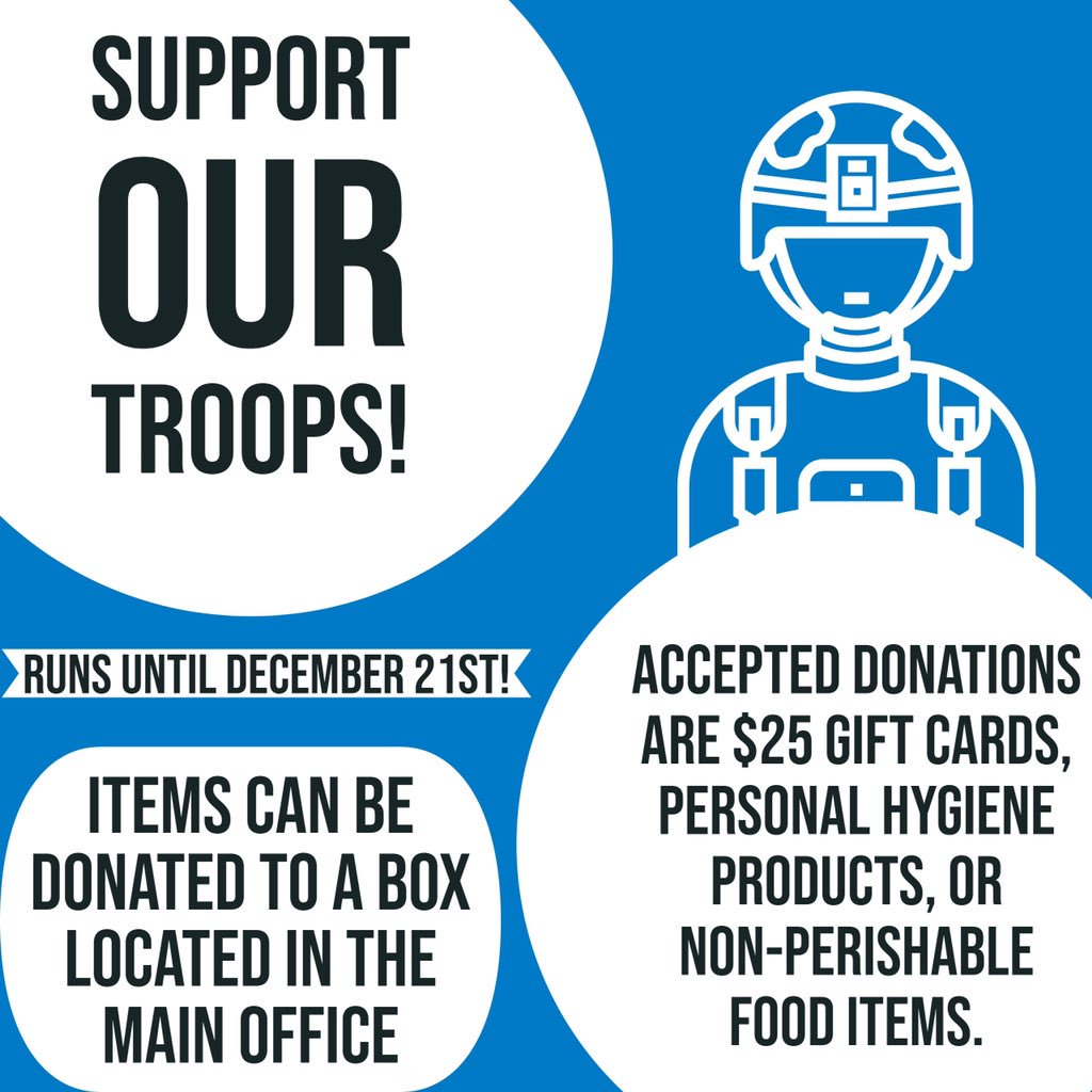 BaconSTUCO's tweet photo. Student Council will be collecting items for Support Our Troops from now till December 21st - please consider donating!! https://t.co/8gKAb320kB
