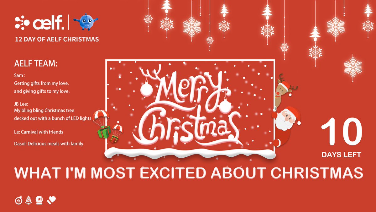 aelfblockchain's tweet photo. Thank you for all the submissions! Here is what some of the aelf team members are excited for Christmas. 
From Dec.15th - 17th: tell us what you love about aelf!
Don't forget to hashtag: #aelfchristmas https://t.co/OLvpoHZKNZ