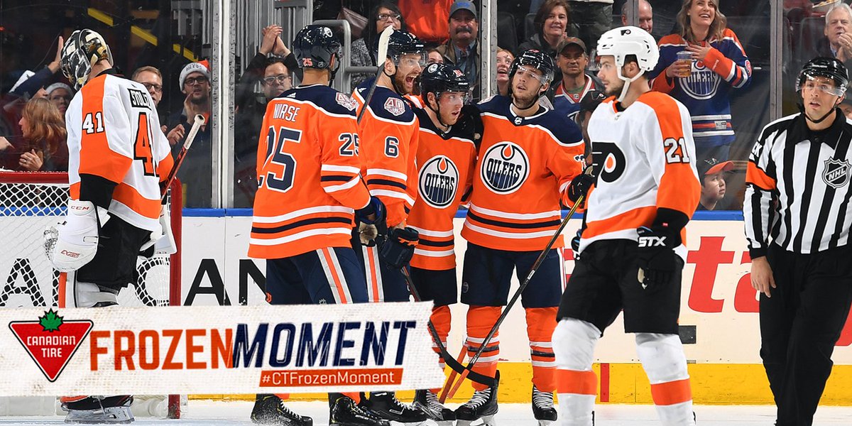 EdmontonOilers's tweet photo. RT this #CTFrozenMoment of Larsson beaming from ear to ear after scoring a goal last night vs. Philadelphia for your chance to win a @CanadianTire holiday prize pack including two tickets to #Oilers vs. Blackhawks on Feb. 5 plus a $50 gift card. https://t.co/GlTVd5Rjuj