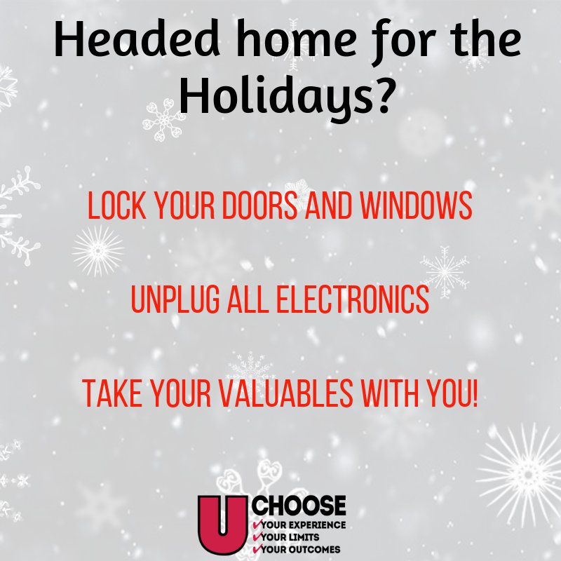 SCSUChoose's tweet photo. You've packed your suitcases, and you're all ready to  go somewhere nice and warm this holiday break! But before you leave, take time to protect your home while you're away! #HealthyHuskies #SCSUChoose #UrLimits #UrOutcomes #UrExpectations https://t.co/9Zyec5wHXQ