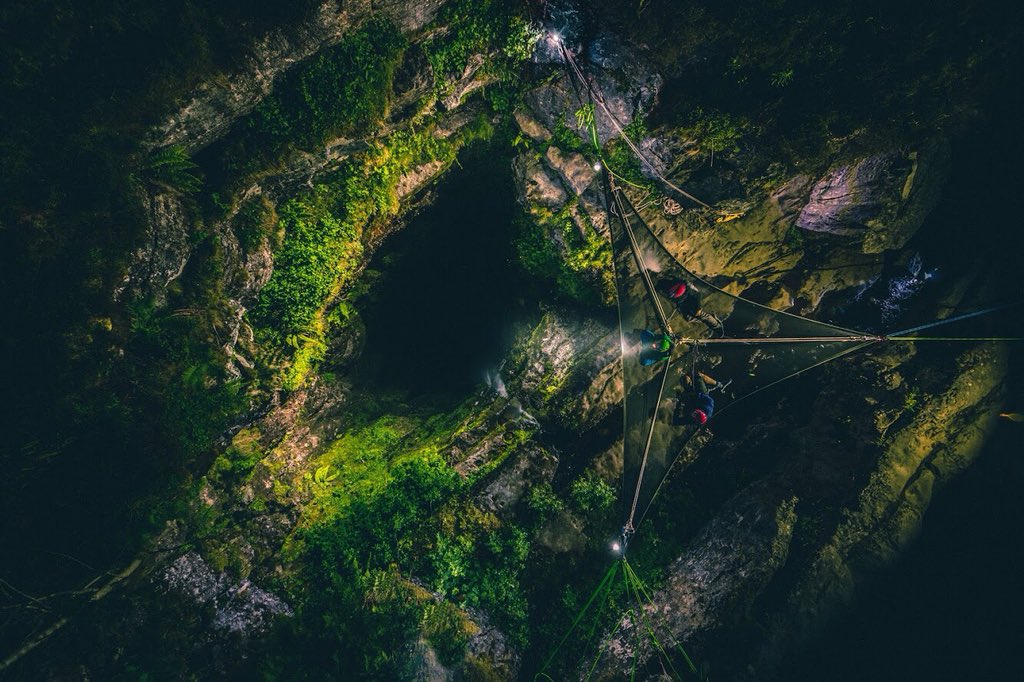 Pikejwt's tweet photo. Night four of the extreme sleepout for @centrepointuk. An extraordinary rig over the UKs deepest single cave shaft. Sinister natural beauty and another wild and sleepless night. #extremesleepout @PhoebeRSmith @figure_nine @tentsile #wildnight https://t.co/YMtKeRCAaw