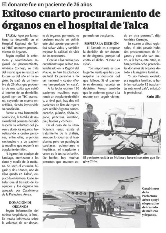 Gracias a 4 procuramientos en Maule, se trasplantaron 15 personas en Chile. Hay 150 pacientes maulinos esperando trasplante de riñón y, a nivel país, 2 mil en lista de espera para recibir órgano. Respetemos decisión de ser donante, y démosle 2da oportunidad a quien lo necesite.